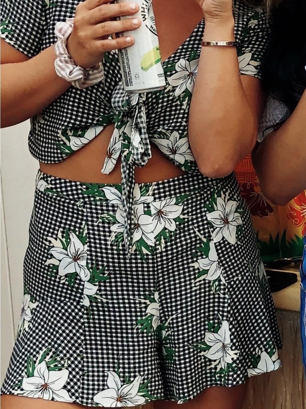 Aakaa Black White Floral Gingham Women's Top with Green Accents